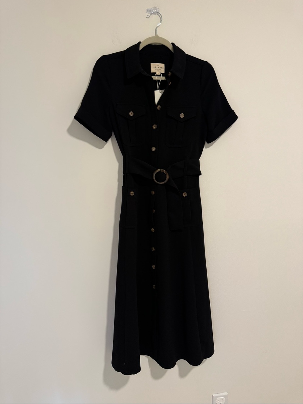 Sezane Black Button-Front Midi Dress with Belt - Picture 3 of 8